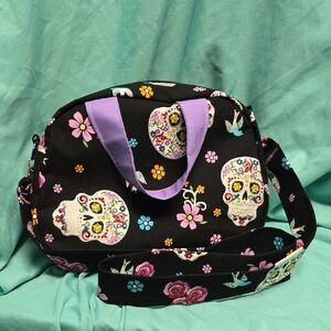 Floral Skull Print Black and Purple Women's Bag